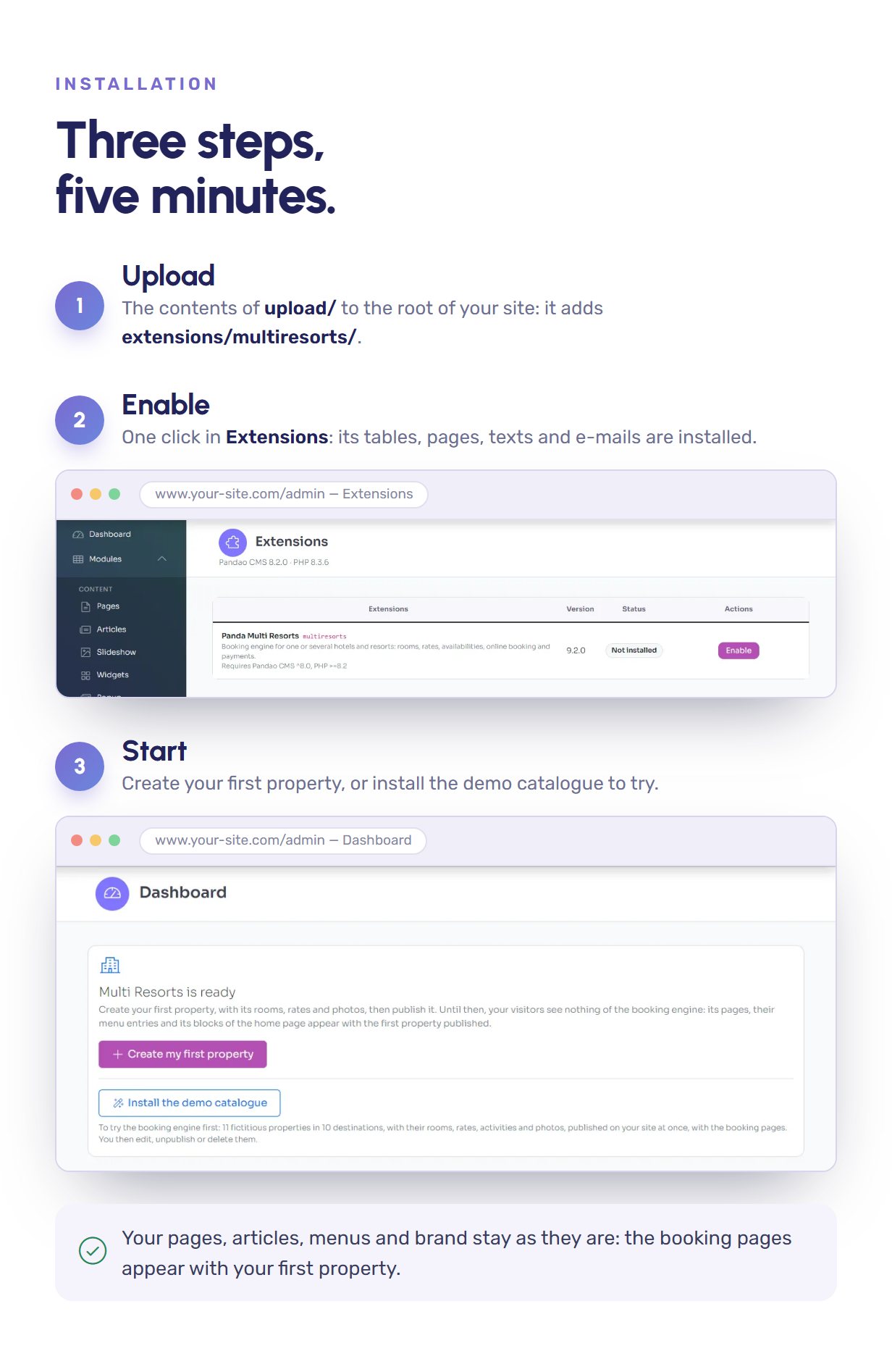 Installation of the add-on in three steps: upload, enable, start