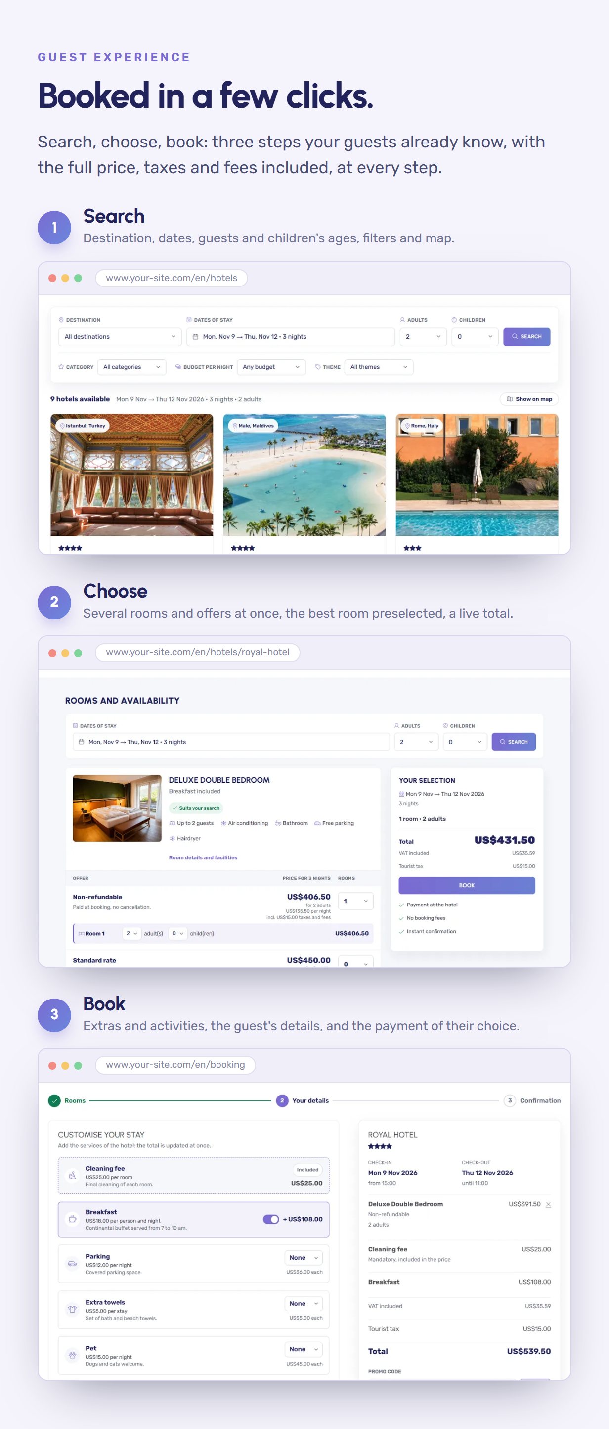 Booking in three steps: search results with filters, room and offer selection with a live total, extras and payment