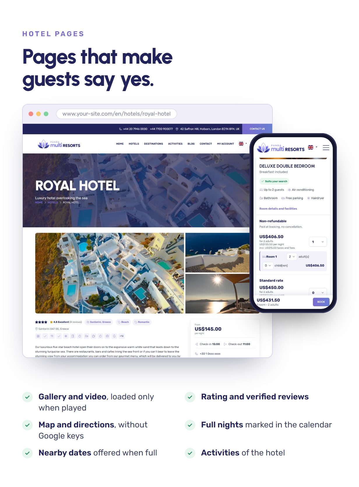 Hotel page with gallery, rating, map and room selection on a computer and a phone