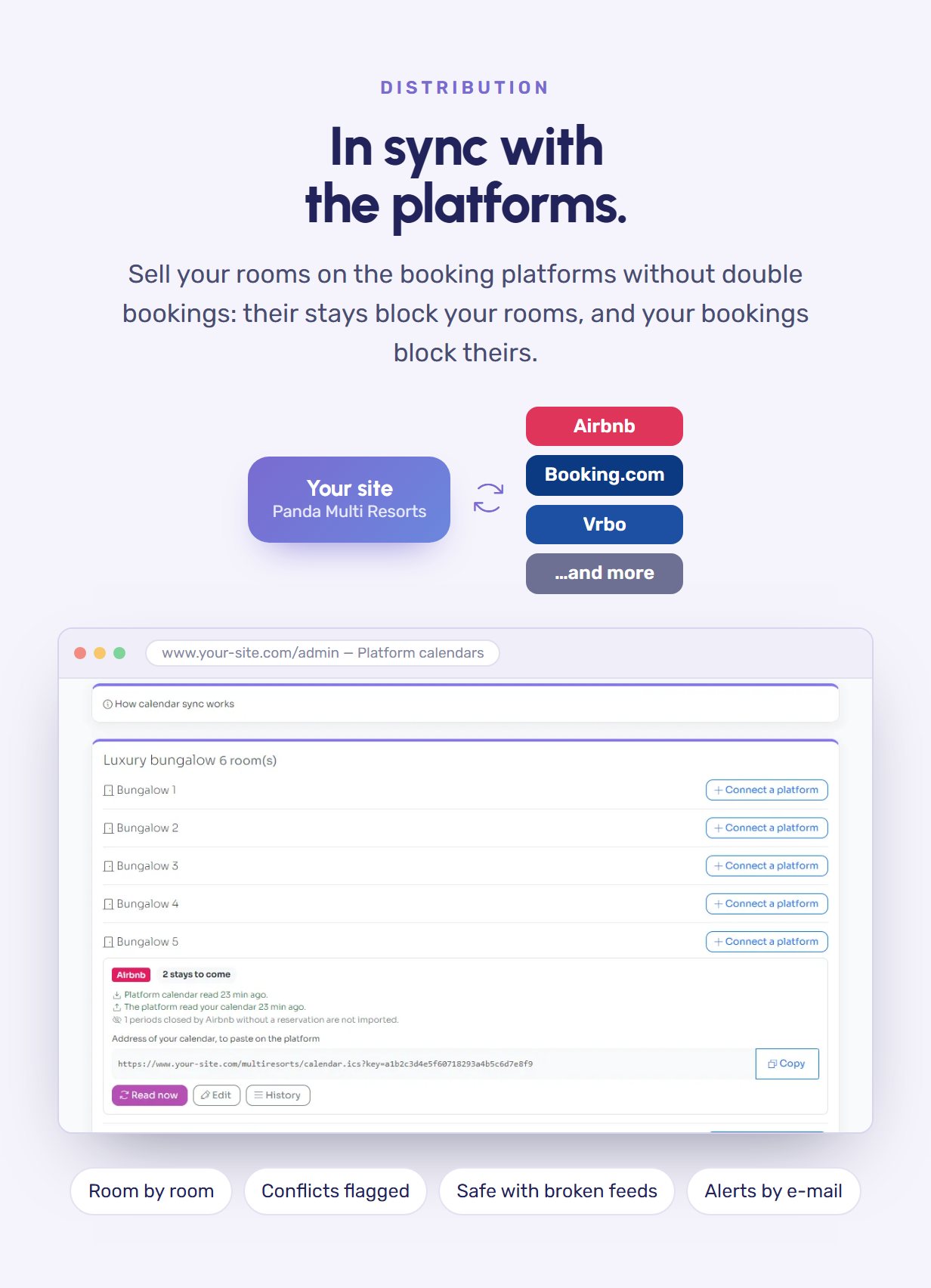Calendar synchronisation (iCal) with Airbnb, Booking.com and Vrbo, room by room