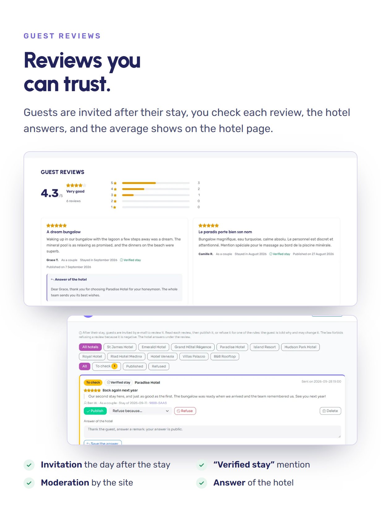 Verified guest reviews with moderation and answers of the hotel