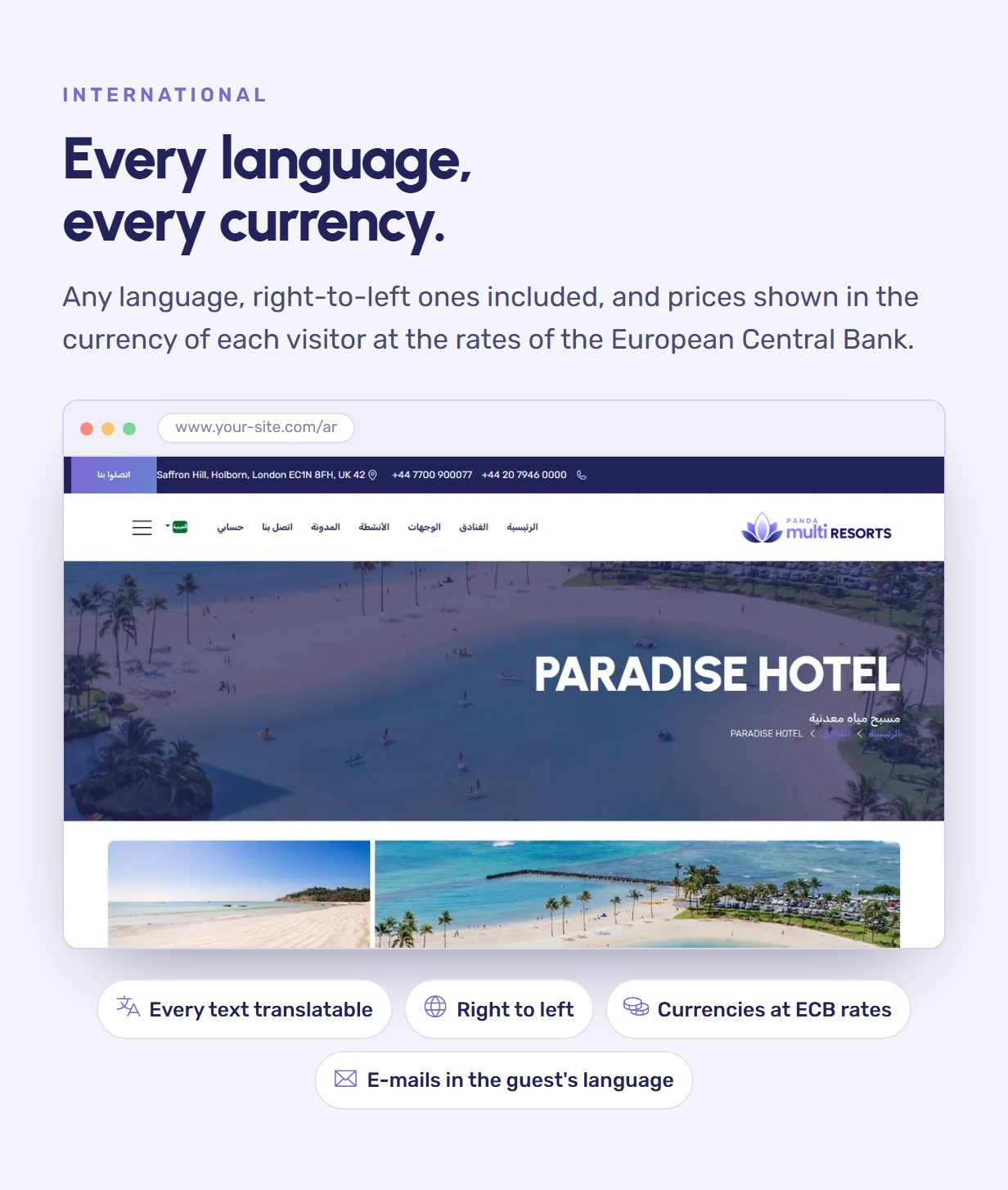 Multilingual hotel booking with right-to-left languages and prices in the currency of the visitor