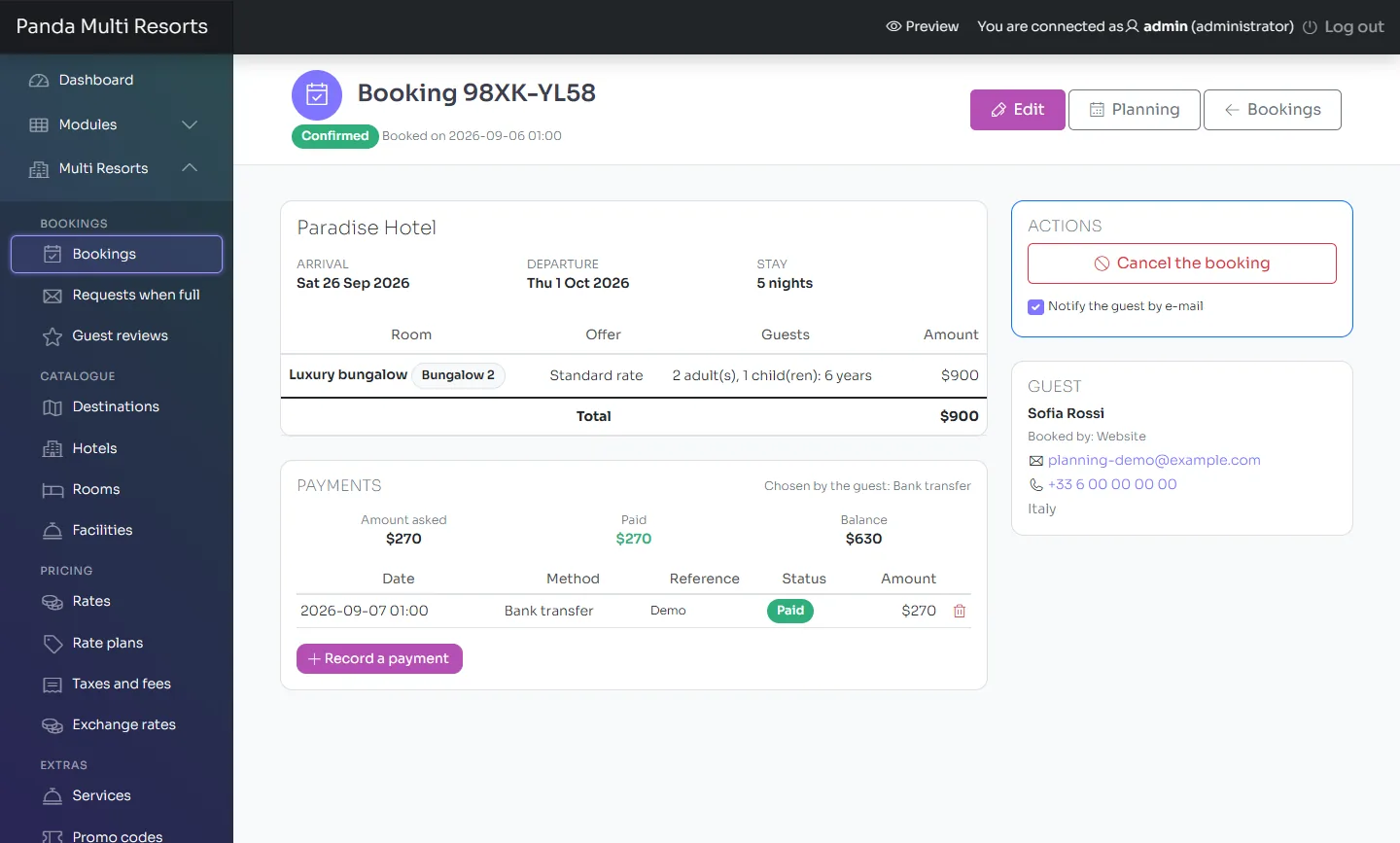 The sheet of a booking: stay, rooms, payments, guest and actions