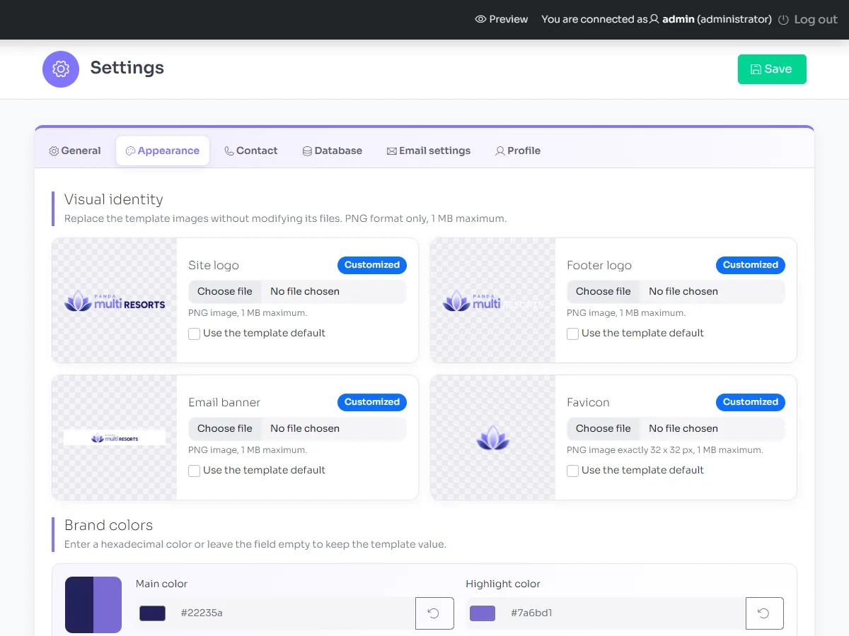 The Appearance tab: visual identity and brand colours
