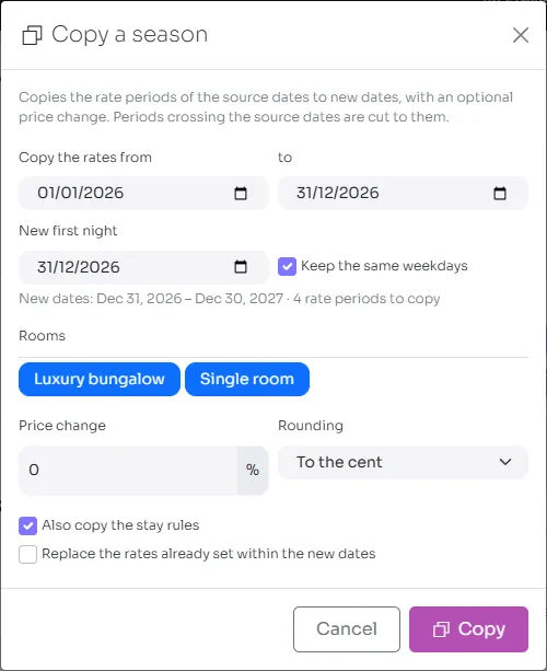 The Copy a season dialog