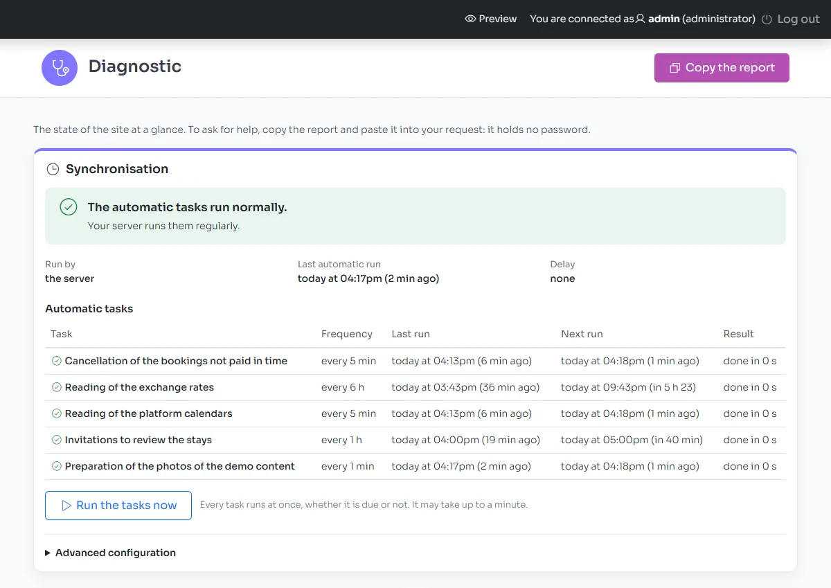 The Diagnostic screen: synchronisation status and the automatic tasks