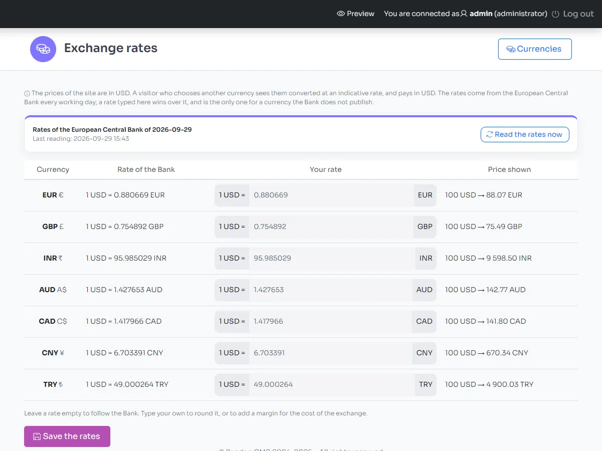 The Exchange rates screen