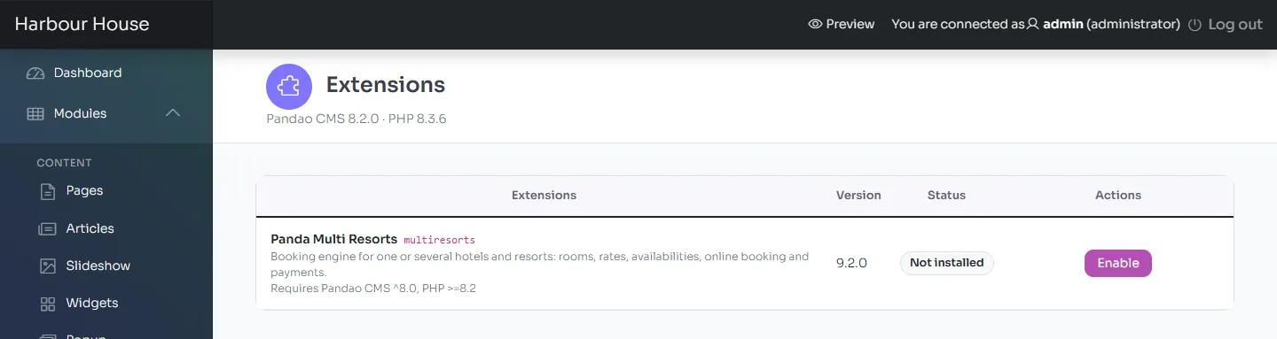 The Extensions page with Multi Resorts not installed yet, and its Enable button