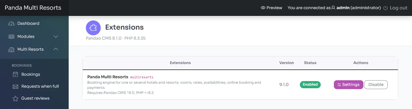 The Extensions page with Panda Multi Resorts enabled