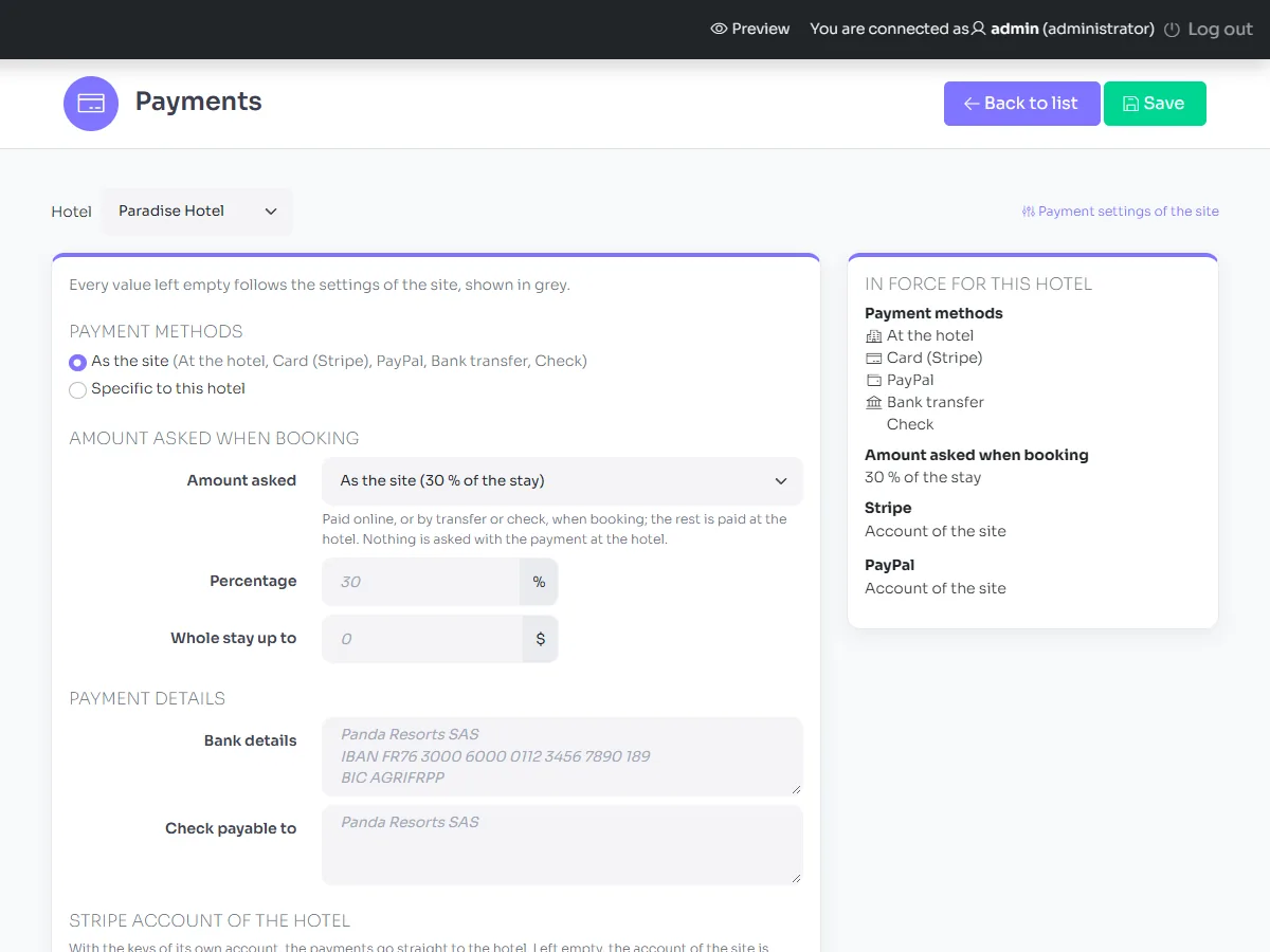 The Payments screen of a hotel, with the values of the site in grey