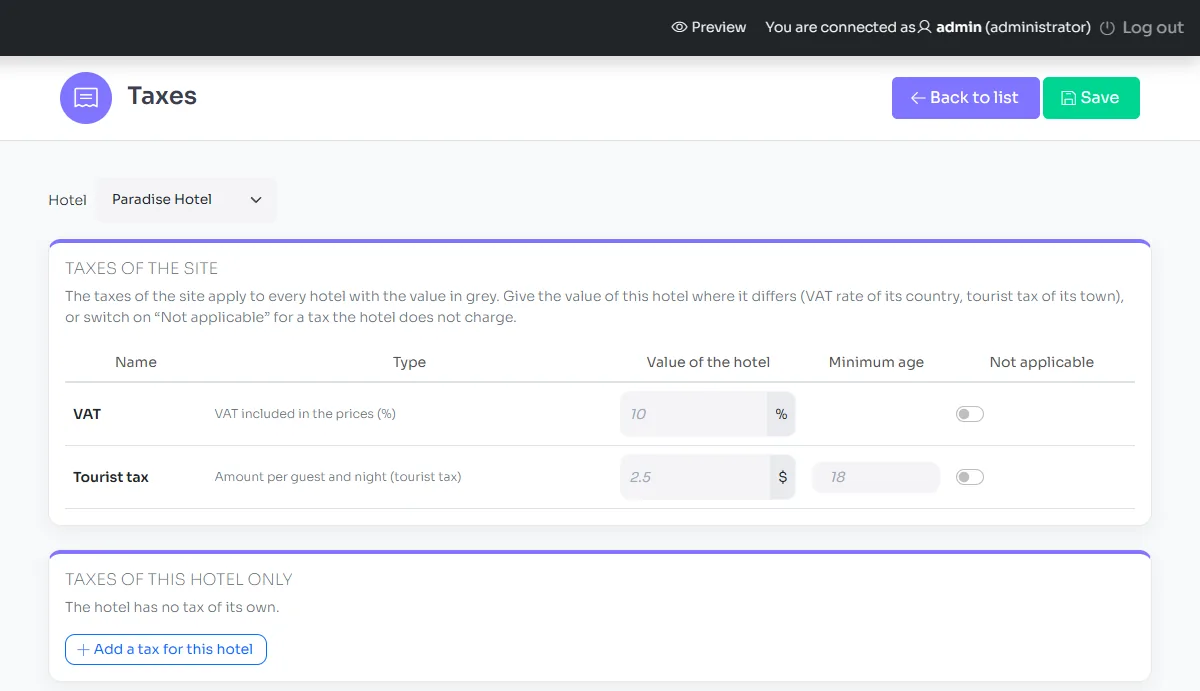 The Taxes screen of a hotel