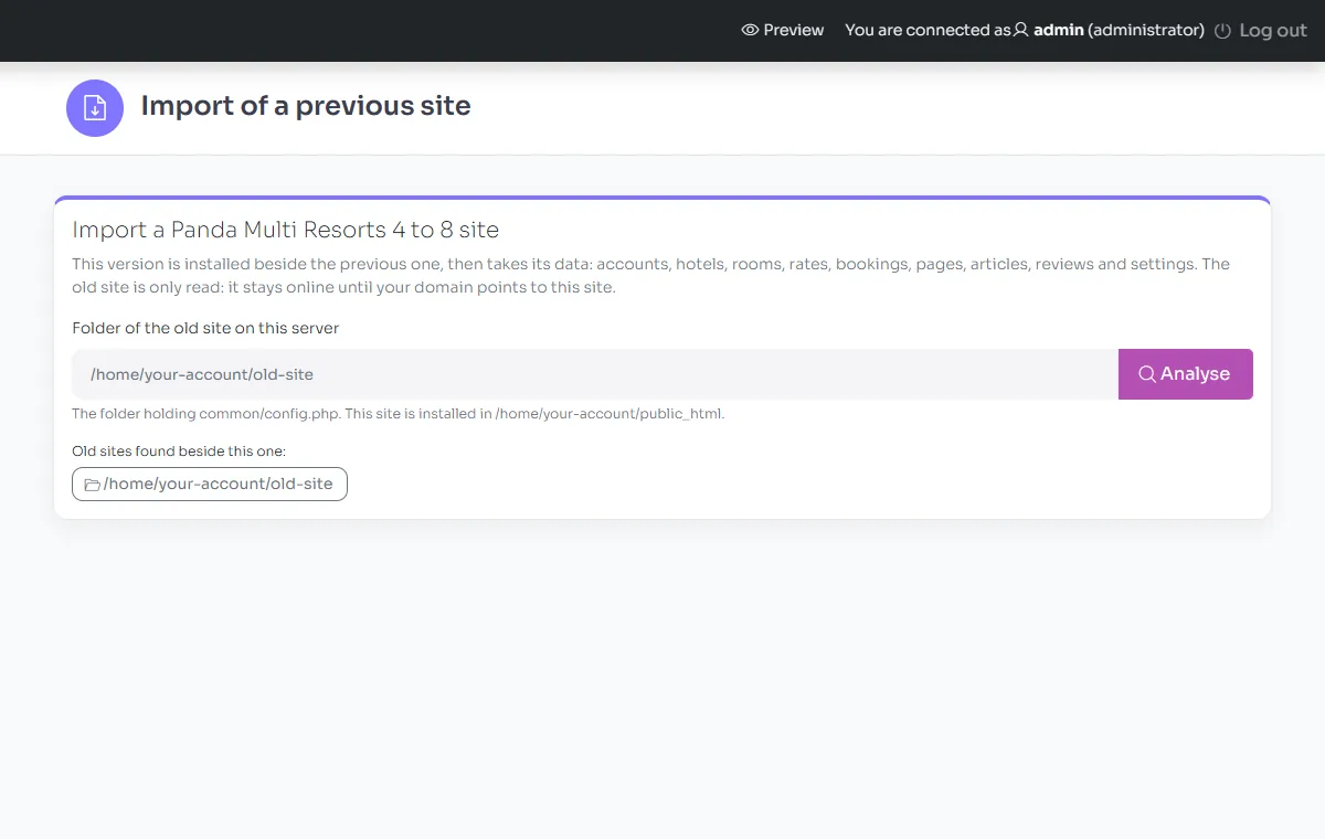 The screen of the import of a previous site