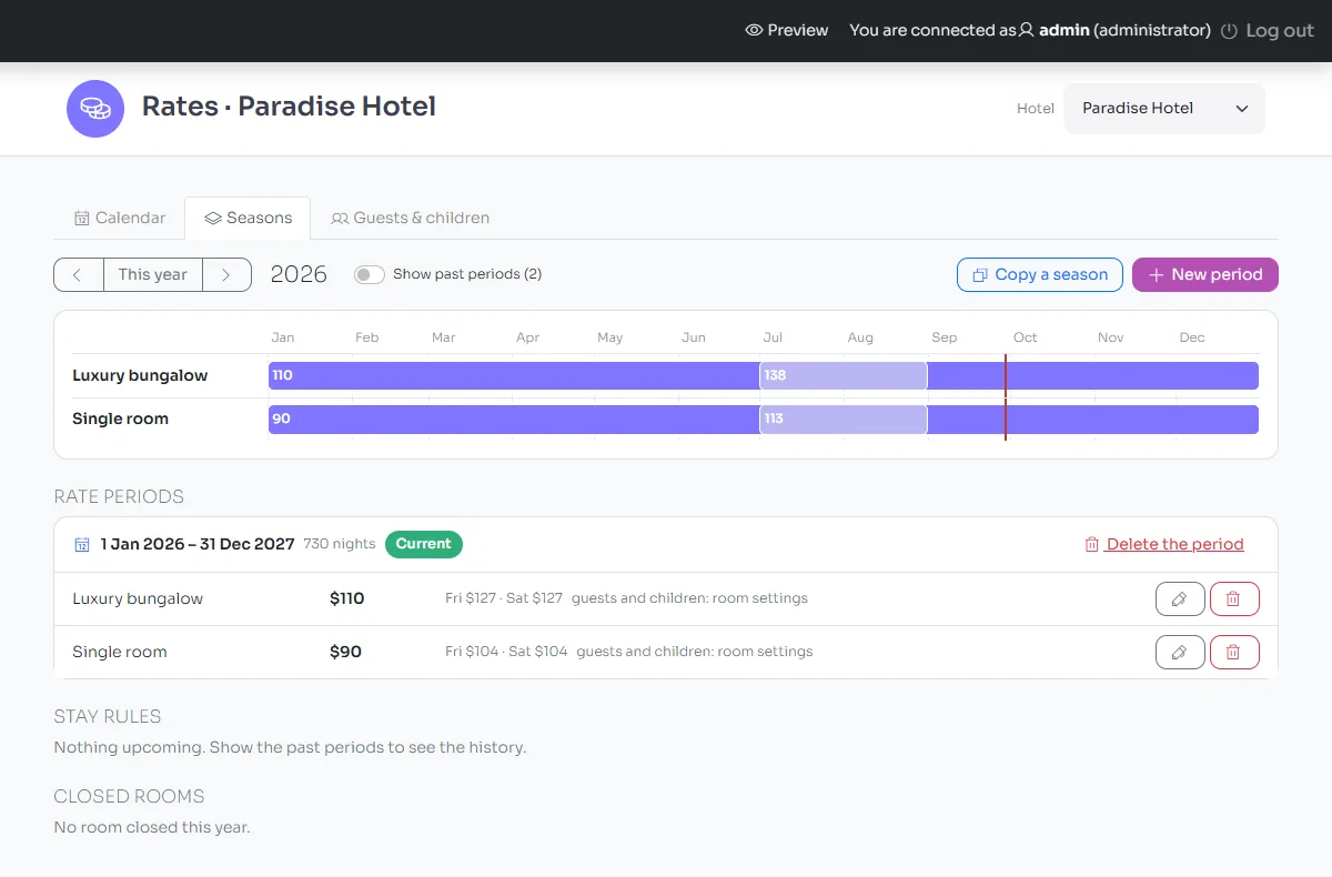 The Seasons tab: rate periods on a timeline