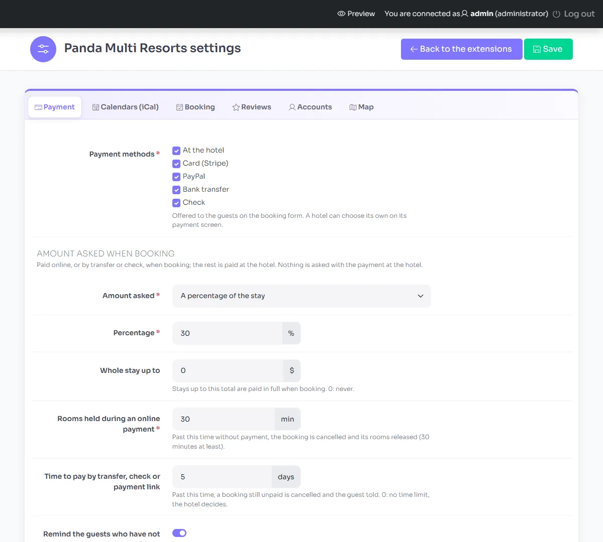 The Payment tab of the settings of Panda Multi Resorts