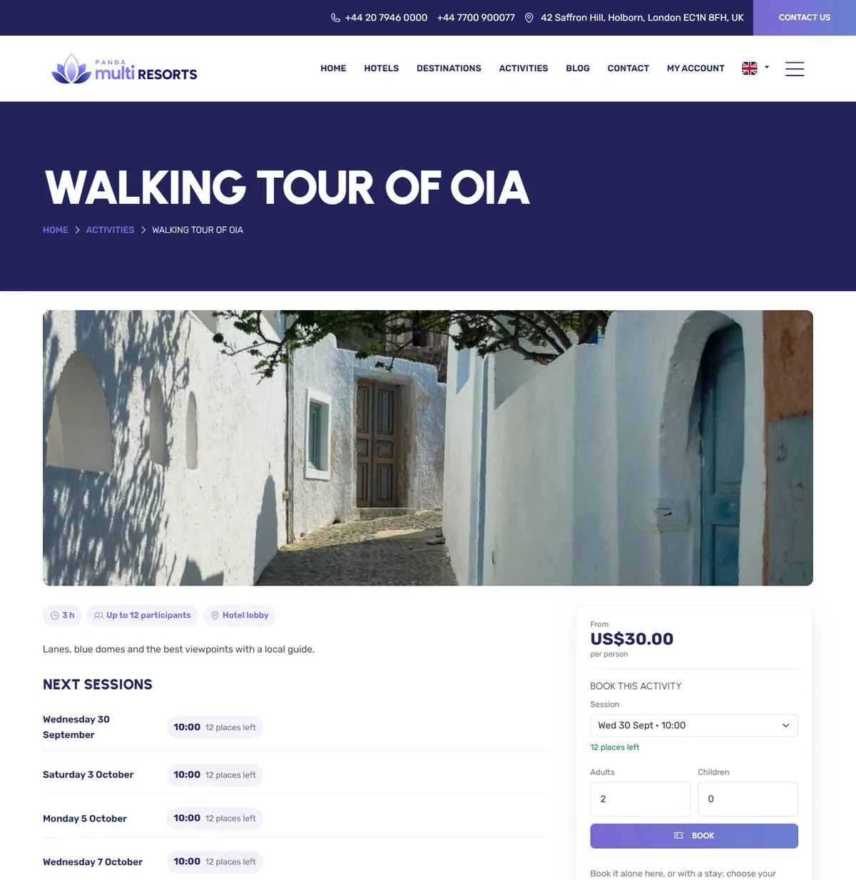 The page of an activity with its next sessions and its booking form