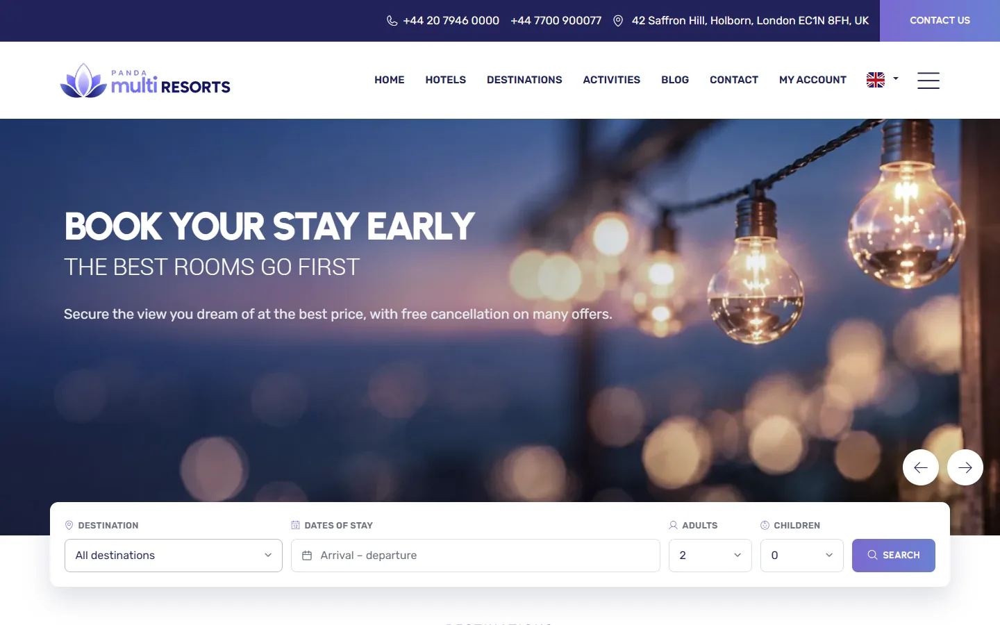 Home page of a site made with Panda Multi Resorts: slideshow and stay search