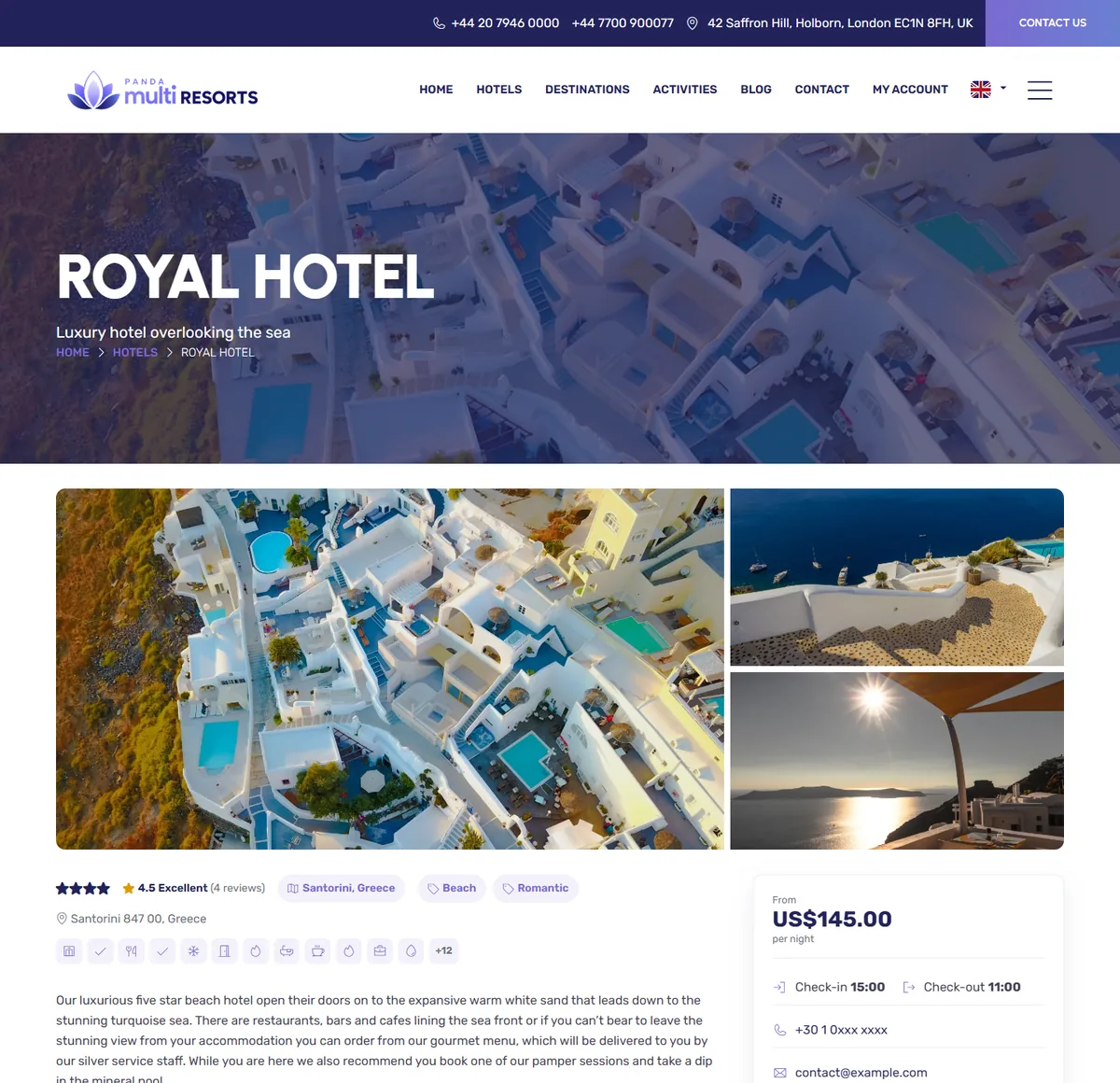 The top of a hotel page: gallery, rating, themes and contact card