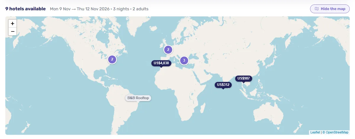 The map of the results with price pins and groups