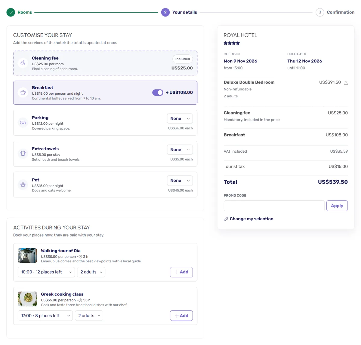 The services and activities of the booking form
