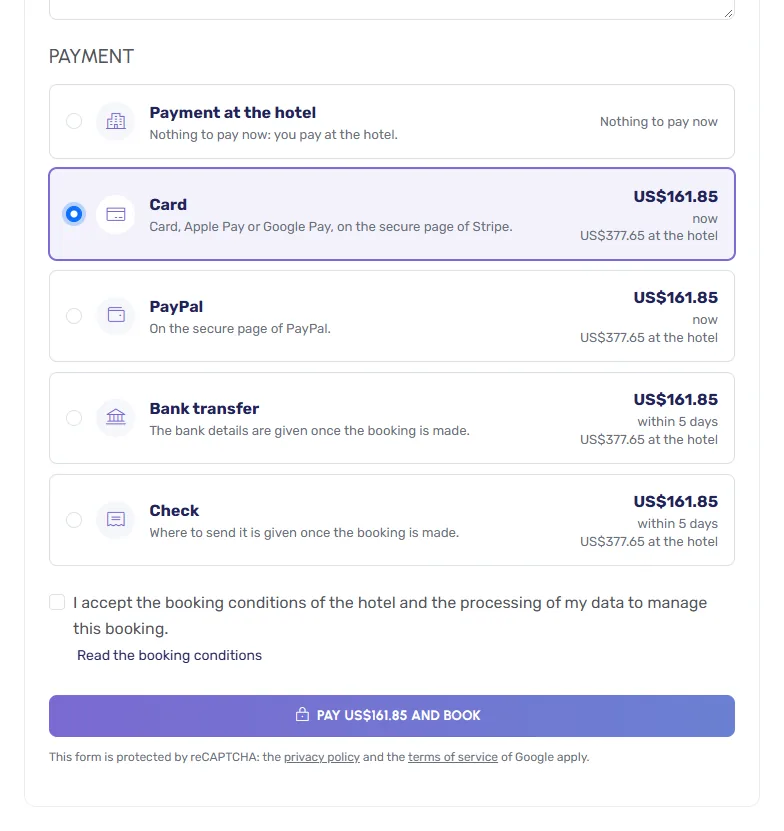 The payment options of the booking form, with the amounts due now and at the hotel