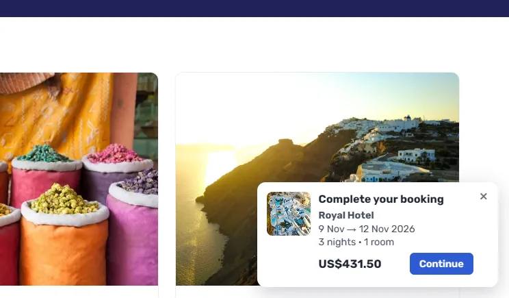 The Complete your booking card on another page of the site