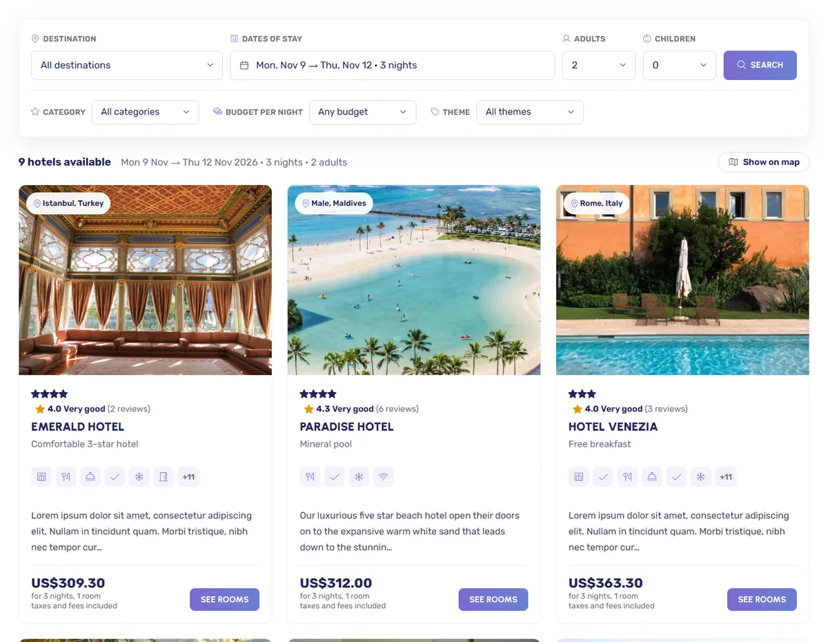 The results of a search: filters and hotel cards with the price of the stay