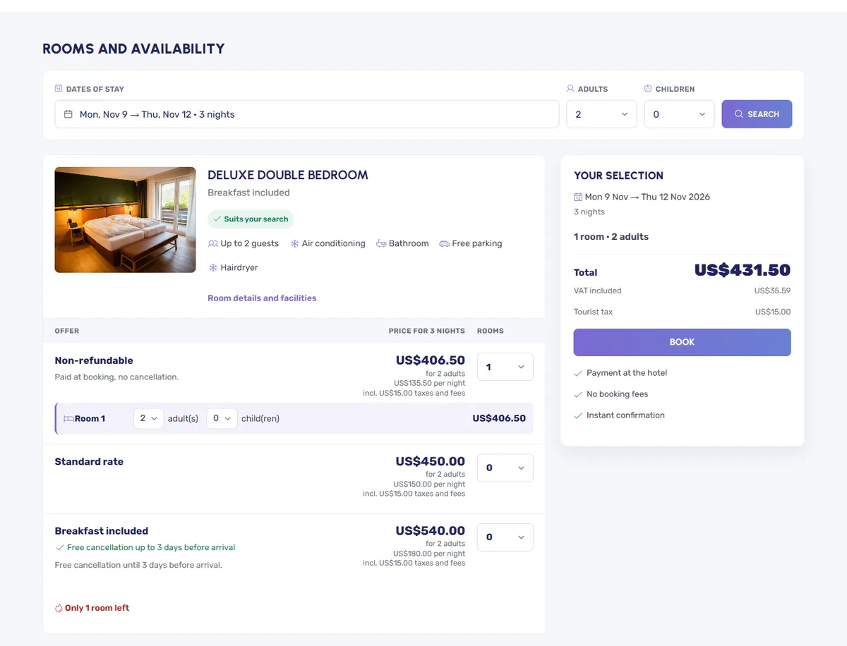 Rooms and availability: the offers of a room and the selection