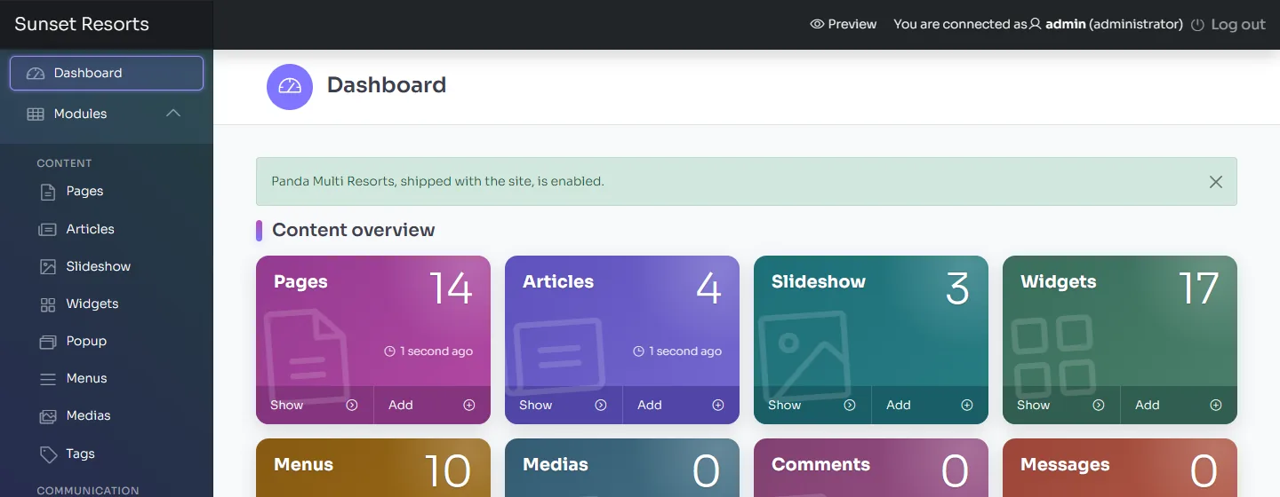 The dashboard after the first login, with the message that Panda Multi Resorts is enabled