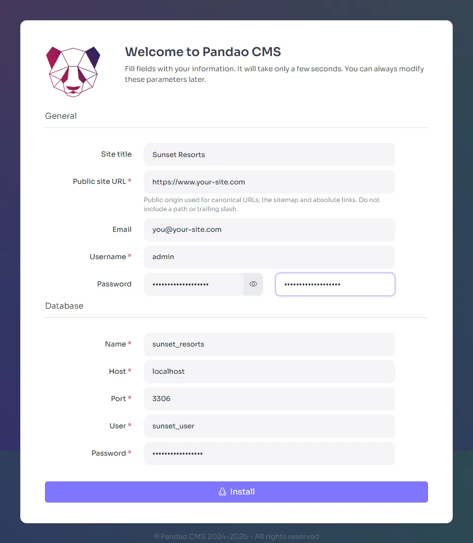 The installation wizard with its General and Database fields