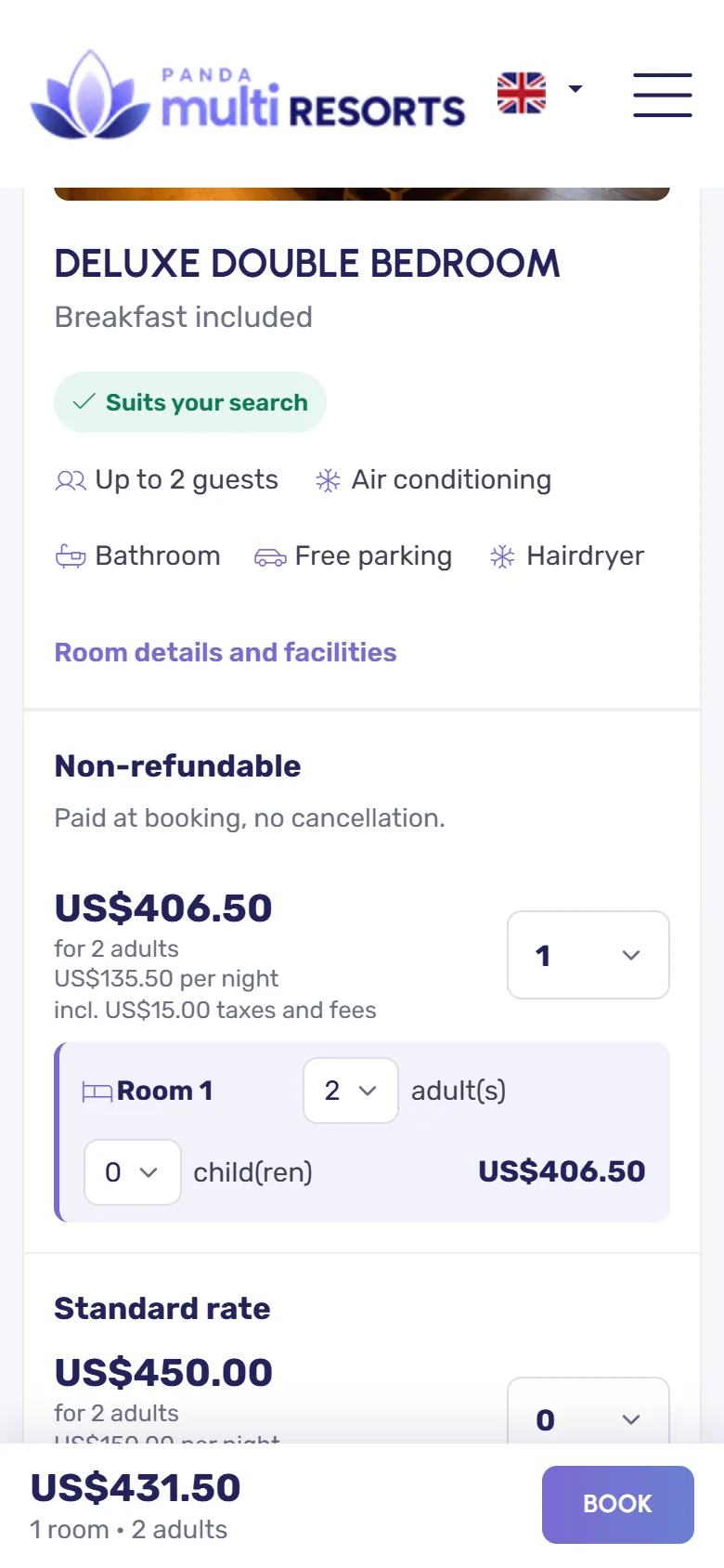 The rooms of a hotel on a phone, with the total and the Book button at the bottom